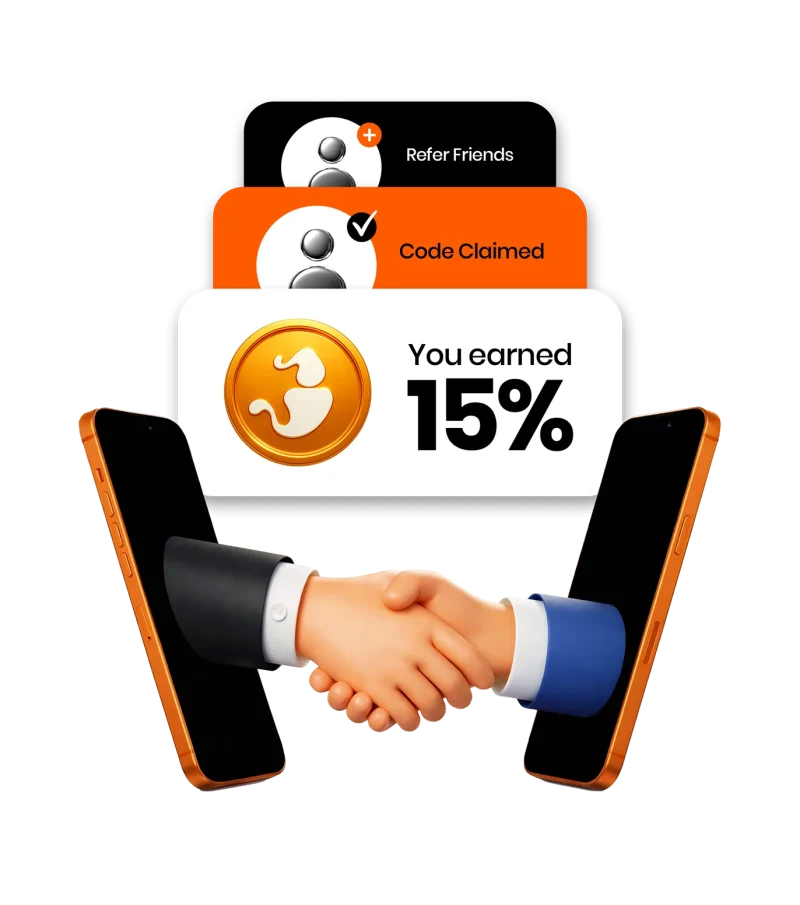 Referral steps: refer friends, code claimed, reward applied per terms